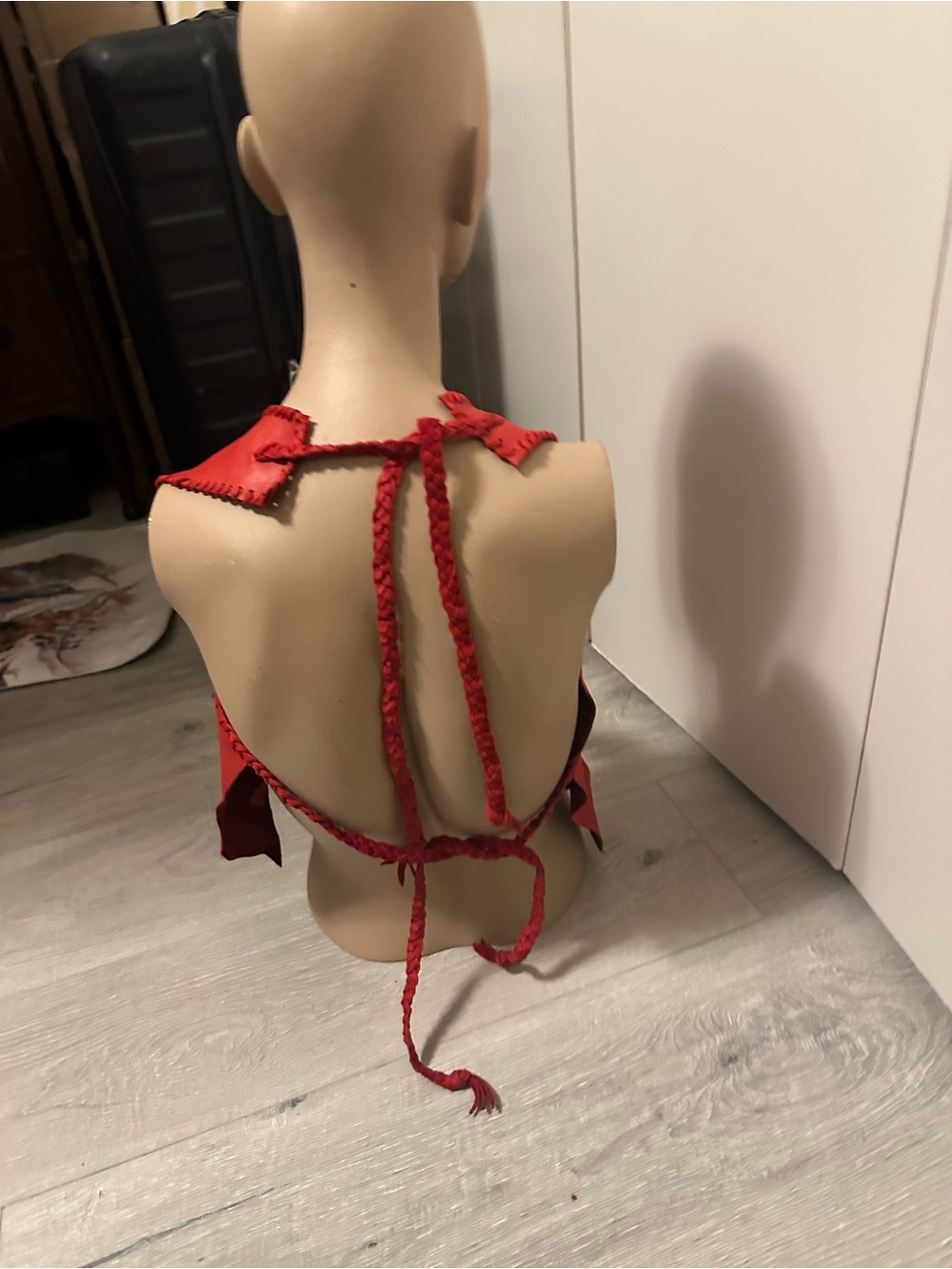 Hand Crafted Red Deerskin Halter -Camisole with Red feather accents. Size M - Picture 4 of 5
